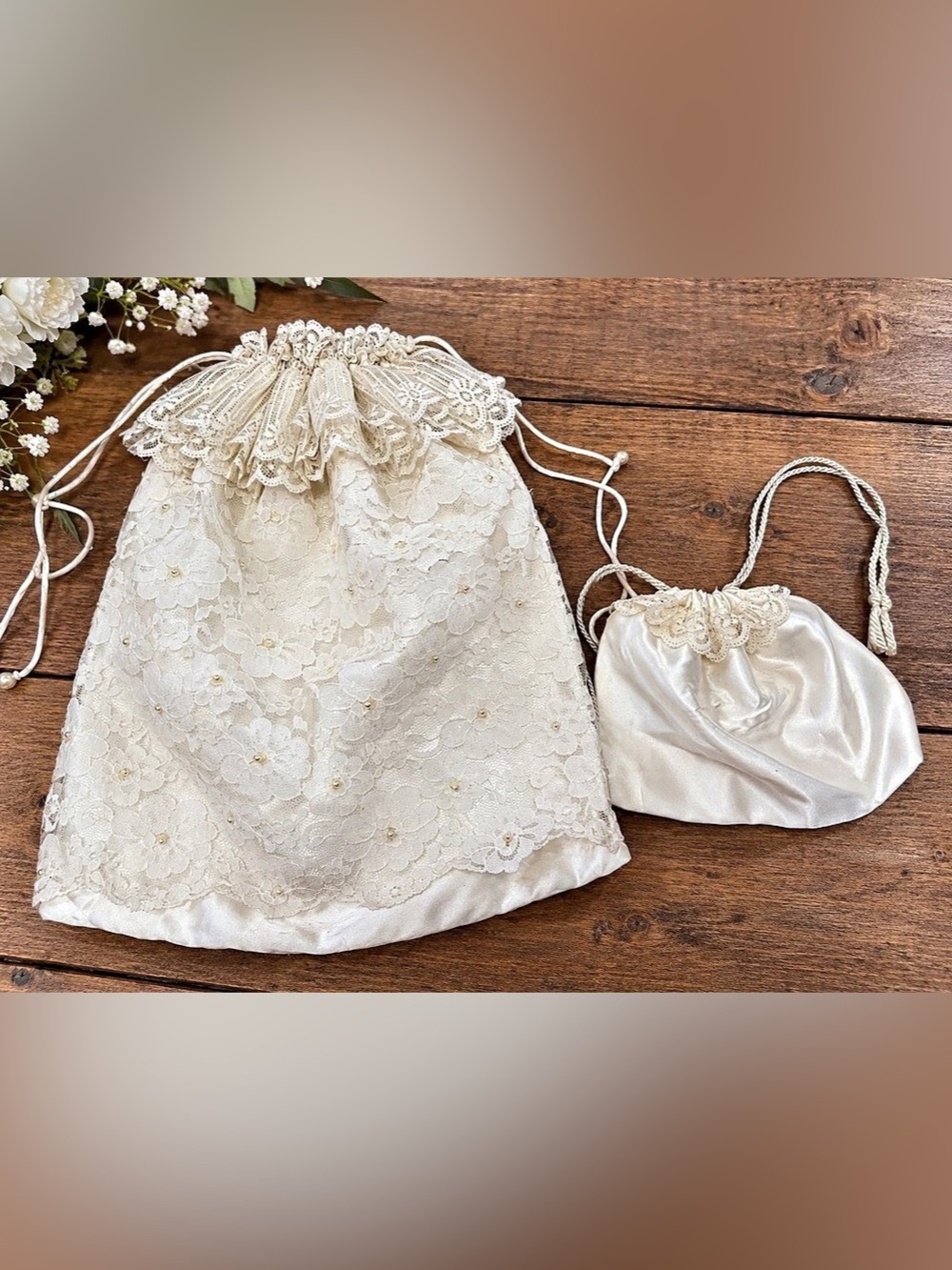 Vintage 1980s Handmade Bridal Wedding Purse Set Ivory Satin Lace Beaded Bags